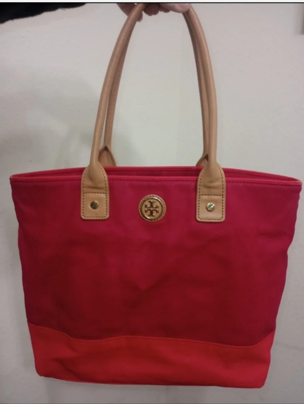 Tory Burch Red Canvas Tote with Tan Leather Handles